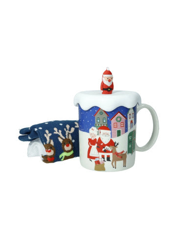 MUG NEW BONE CHINA CON TAPPO BABBO NATALE SILICONE E CALZINI COTONE (8029722830292)