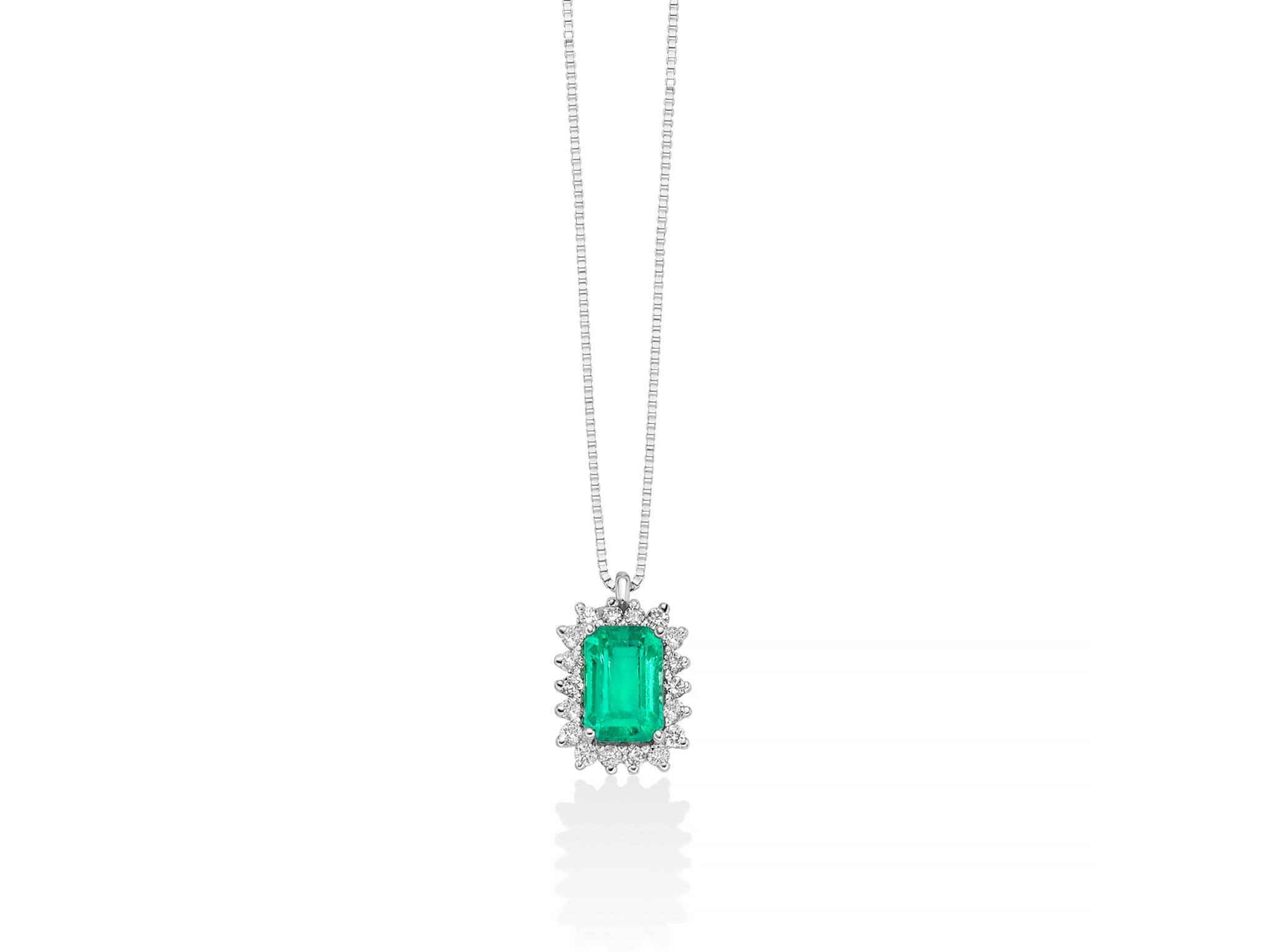 Collana con smeraldo ottagonale e diamanti in oro bianco