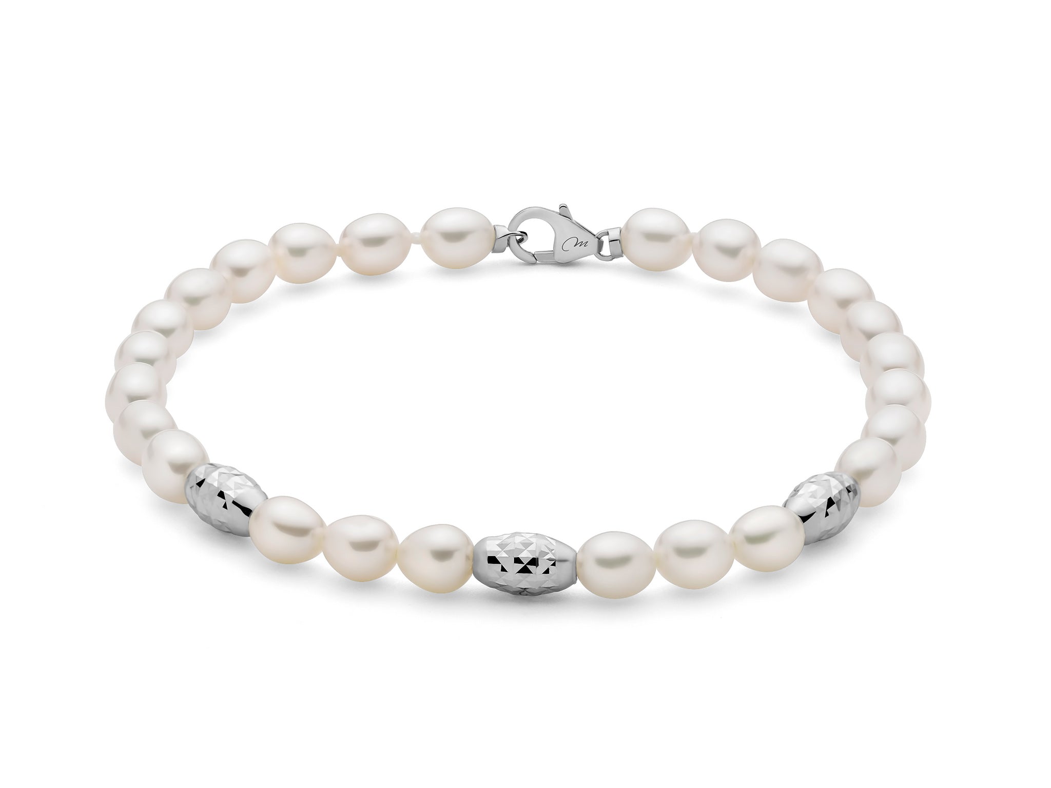 Bracciale Pepite di perle 5-5,5 con tre elementi in argento diamantato