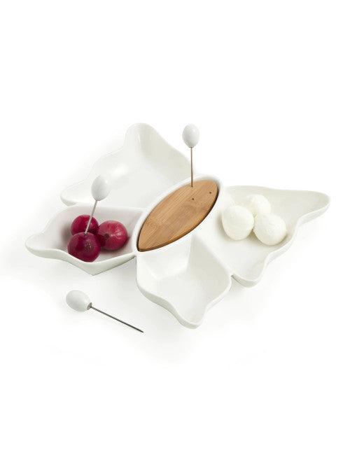 ANTIPASTIERA BUTTERFLY PORCELLANA BIANCA/BAMBO C/3 FOR INOX