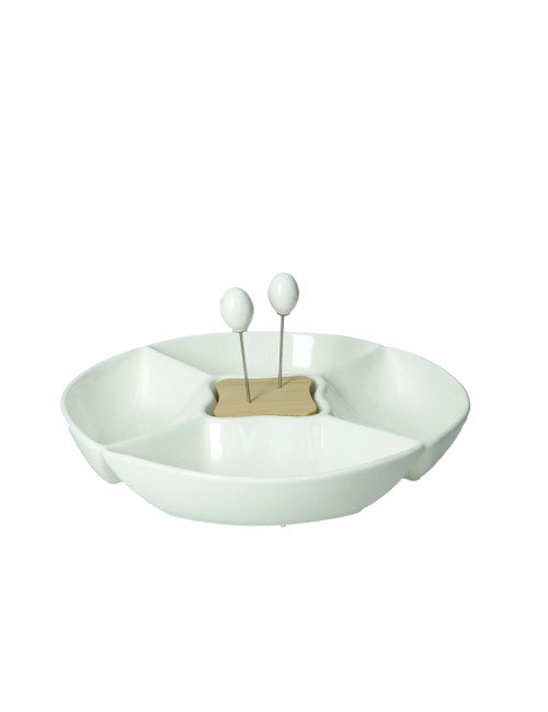 ANTIPASTIERA CLASSIC PORCELLANA/BAMBOO CON 2 FORCHETTINE INOX