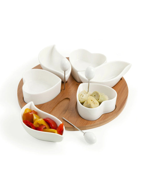 ANTIPASTIERA CUPIDO PORCEL BIANCA C/SUP BAMBO C/3 FORCH INOX