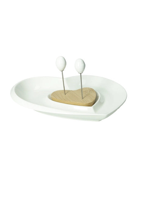 ANTIPASTIERA LOVE PORCELLANA/BAMBOO CON 2 FORCHETTINE INOX