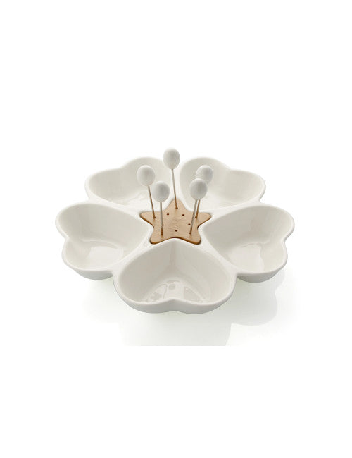 ANTIPASTIERA MILLE CUORI PORCBIANCA/BAMBOO C/5 FORC INOX
