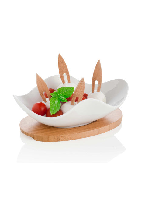 ANTIPASTIERA NUVOLA PORC BIANCA C/SUPP E 4 FORCH BAMBOO