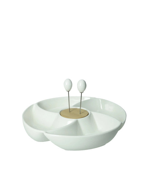 ANTIPASTIERA RONDO PORCELLANA/BAMBOO CON 2 FORCHETTINE INOX