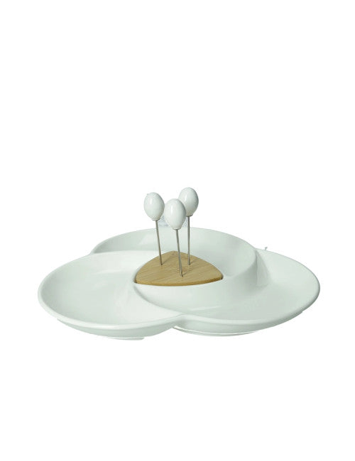 ANTIPASTIERA SPICCHIO DI LUNA PORCELLANA/BAMBOO C/3 FORCH INOX