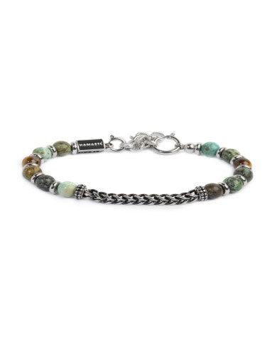 Bracciale sfere in pietra e dischetti acciaio con catena centrale