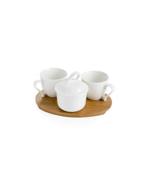 COFFEE SET 3 PZ PORCELLANA BIANCA C/VASSOIO BAMBOO