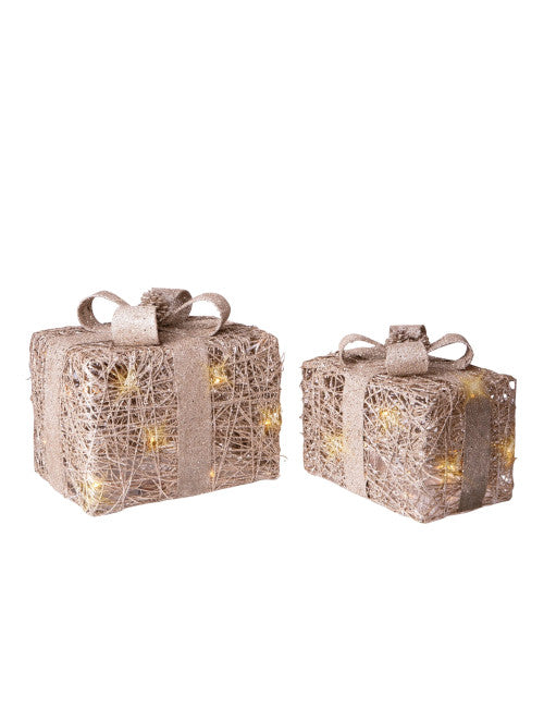 PACCHI DONO CHAMPAGNE SET 2 PZ C/30 LED RATTAN/METAL