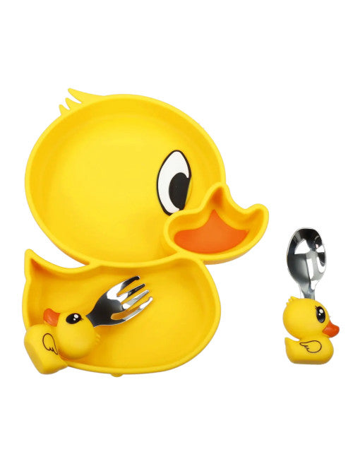 SET PAPPA PAPEROTTO SILICONE C/FORCHETTA E CUCCHIAIO INOX