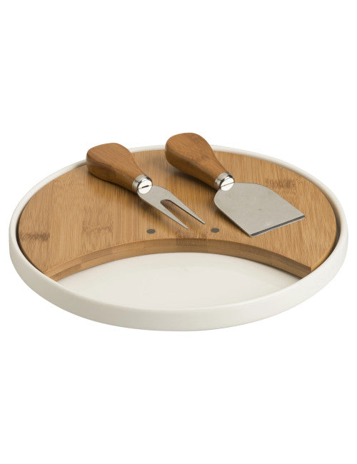TAGLIERE PORCELLANA/BAMBOO C/2COLTELLI FORMAGGIO INOX