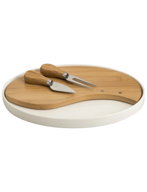 TAGLIERE PORCELLANA/BAMBOO C/2COLTELLI FORMAGGI INOX OVALE