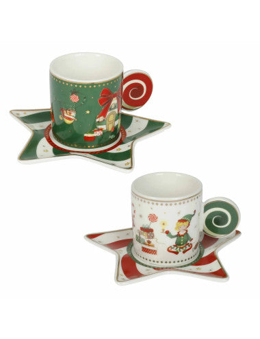 TAZZINA CAFFE ELFOMAGIA BIANCO/VERDE SET 2 PZ NEW BONE CHINA (8029722845609)